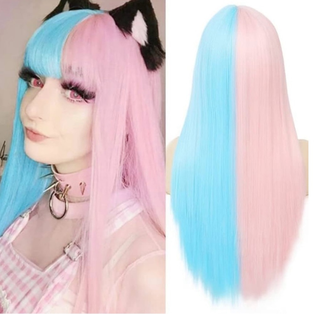 Blue and Pink Wig with Bangs for Women Long Cosplay Wig